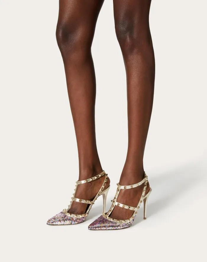 Valentino Pumps Woman Rockstud Pump With Sequin Embroidery And Straps 100mm For Woman In Multicolorplatinum Multicolorplatinum Valentino Pumps Woman Rockstud Pump With Sequin Embroidery And Straps 100mm For Woman In Multicolorplatinum Multicolorplatinum