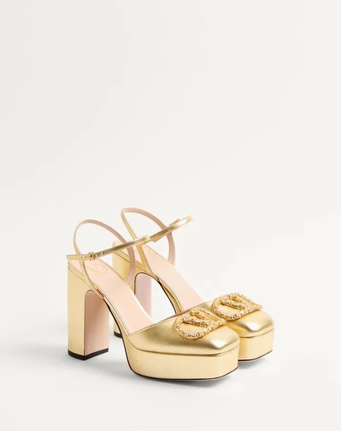 Valentino Pumps Woman Vlogo Signature Platform Pump In Laminated Nappa 115mm For Woman In Antique Brasscrystal Antique Brasscrystal