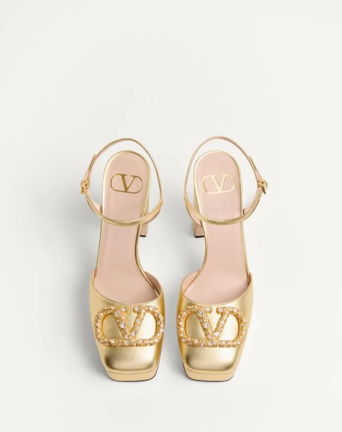 Valentino Pumps Woman Vlogo Signature Platform Pump In Laminated Nappa 115mm For Woman In Antique Brasscrystal Antique Brasscrystal