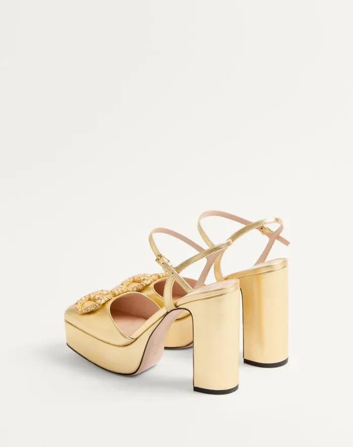 Valentino Pumps Woman Vlogo Signature Platform Pump In Laminated Nappa 115mm For Woman In Antique Brasscrystal Antique Brasscrystal