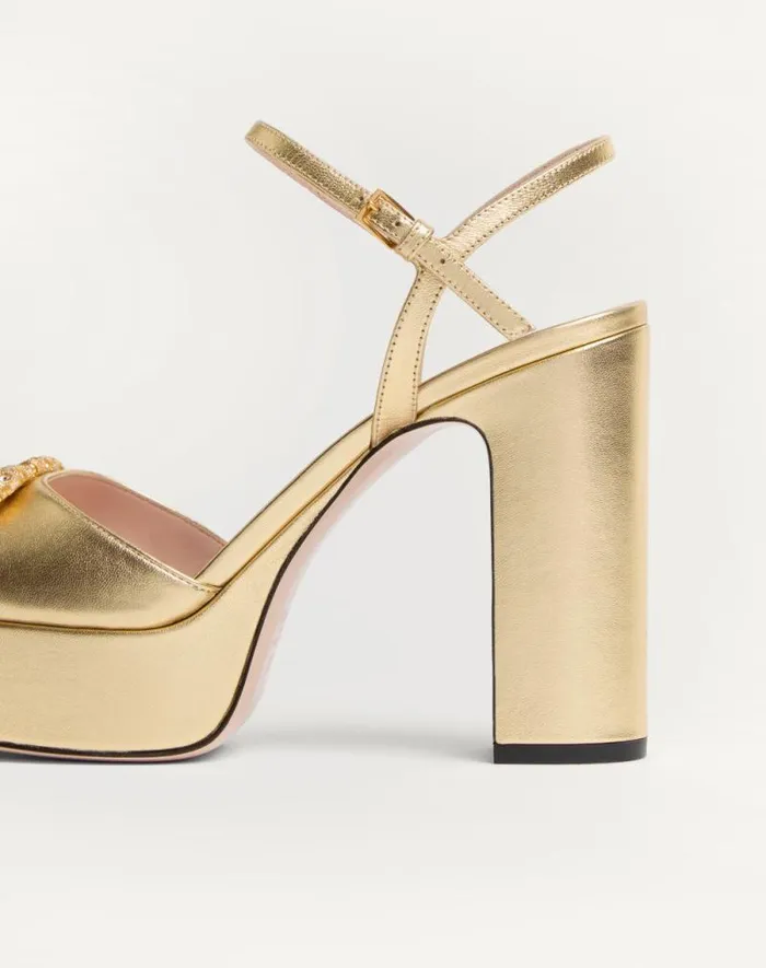 Valentino Pumps Woman Vlogo Signature Platform Pump In Laminated Nappa 115mm For Woman In Antique Brasscrystal Antique Brasscrystal