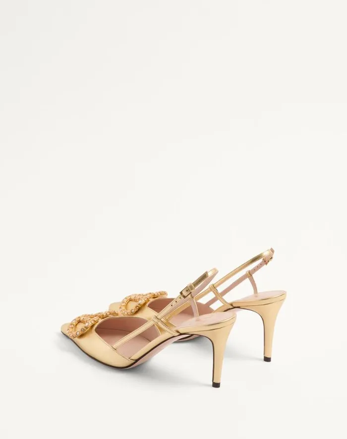 Valentino Pumps Woman Vlogo Signature Slingback Pump In Laminated Nappa Leather 80mm For Woman In Antique Brass Antique Brass Valentino Pumps Woman Vlogo Signature Slingback Pump In Laminated Nappa Leather 80mm For Woman In Antique Brass Antique Brass
