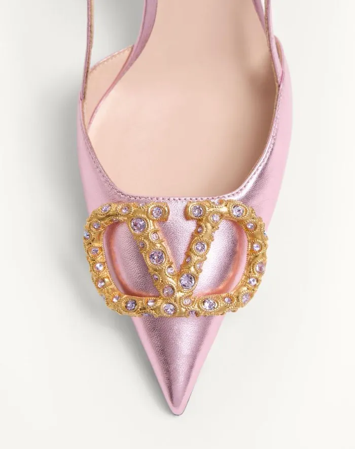 Valentino Pumps Woman Vlogo Signature Slingback Pump In Laminated Nappa Leather 80mm For Woman In Antique Brass Antique Brass Valentino Pumps Woman Vlogo Signature Slingback Pump In Laminated Nappa Leather 80mm For Woman In Antique Brass Antique Brass