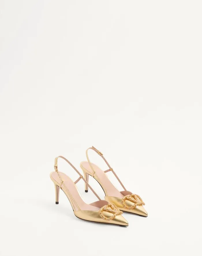 Valentino Pumps Woman Vlogo Signature Slingback Pump In Laminated Nappa Leather 80mm For Woman In Antique Brass Antique Brass Valentino Pumps Woman Vlogo Signature Slingback Pump In Laminated Nappa Leather 80mm For Woman In Antique Brass Antique Brass