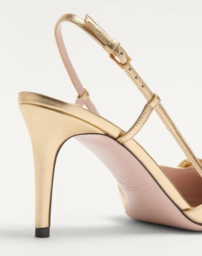 Valentino Pumps Woman Vlogo Signature Slingback Pump In Laminated Nappa Leather 80mm For Woman In Antique Brass Antique Brass Valentino Pumps Woman Vlogo Signature Slingback Pump In Laminated Nappa Leather 80mm For Woman In Antique Brass Antique Brass
