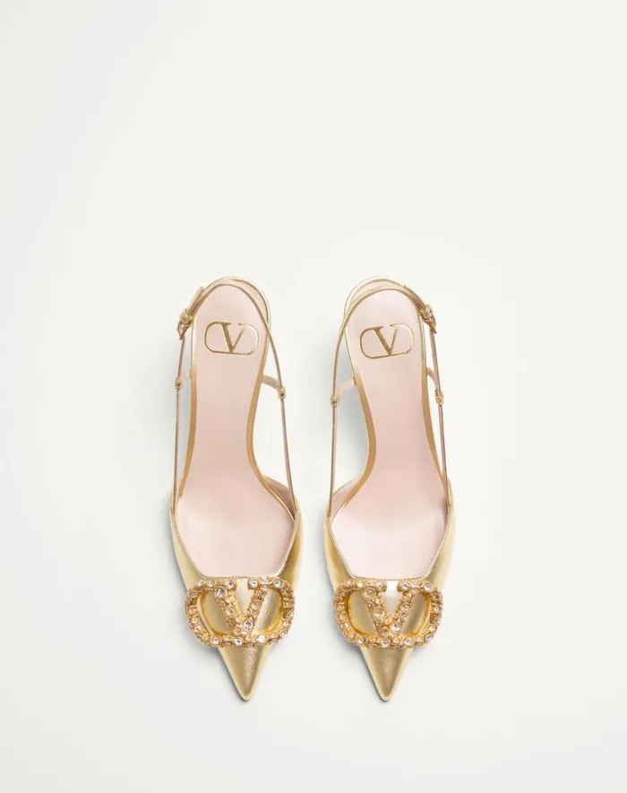 Valentino Pumps Woman Vlogo Signature Slingback Pump In Laminated Nappa Leather 80mm For Woman In Antique Brass Antique Brass Valentino Pumps Woman Vlogo Signature Slingback Pump In Laminated Nappa Leather 80mm For Woman In Antique Brass Antique Brass