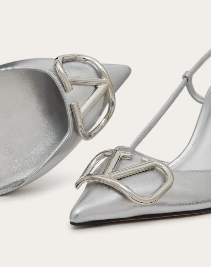 Valentino Pumps Woman Vlogo Signature Slingback Pump In Laminated Nappa Leather 80mm For Woman In Silver Silver