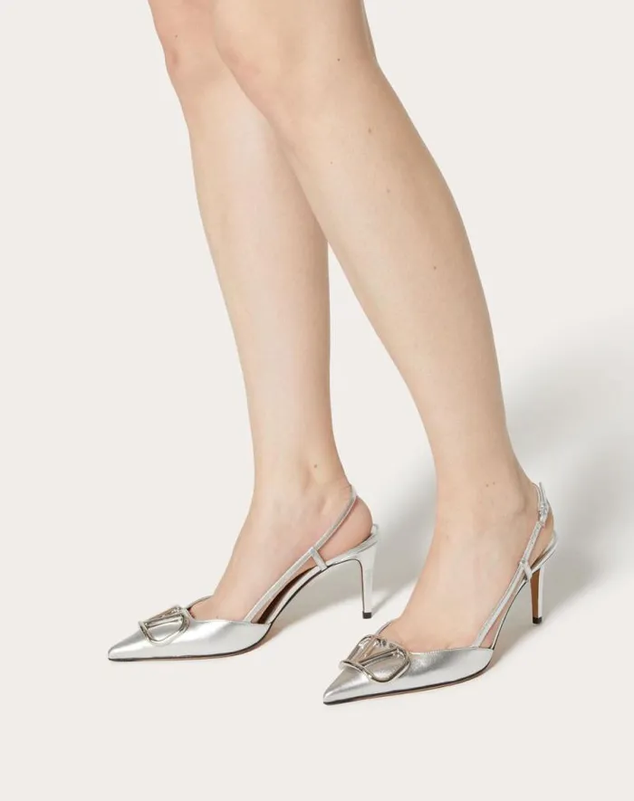 Valentino Pumps Woman Vlogo Signature Slingback Pump In Laminated Nappa Leather 80mm For Woman In Silver Silver