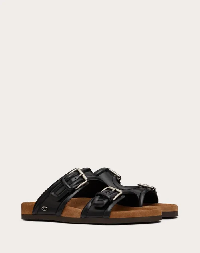 Valentino Sandals Man Fussfriend Calfskin Leather Slide Sandal For Man In Black Black