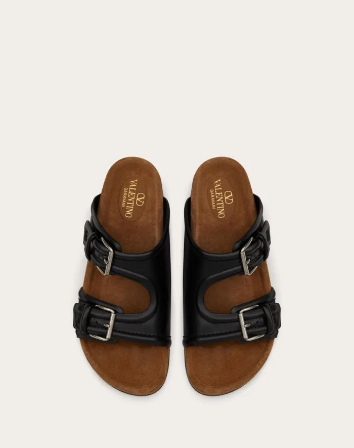 Valentino Sandals Man Fussfriend Calfskin Leather Slide Sandal For Man In Black Black