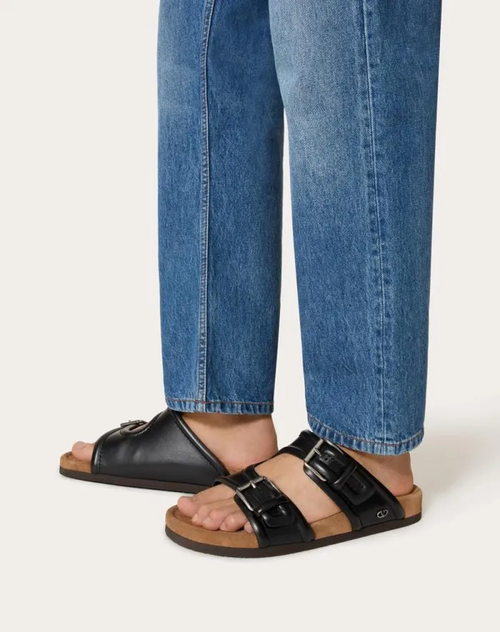 Valentino Sandals Man Fussfriend Calfskin Leather Slide Sandal For Man In Black Black