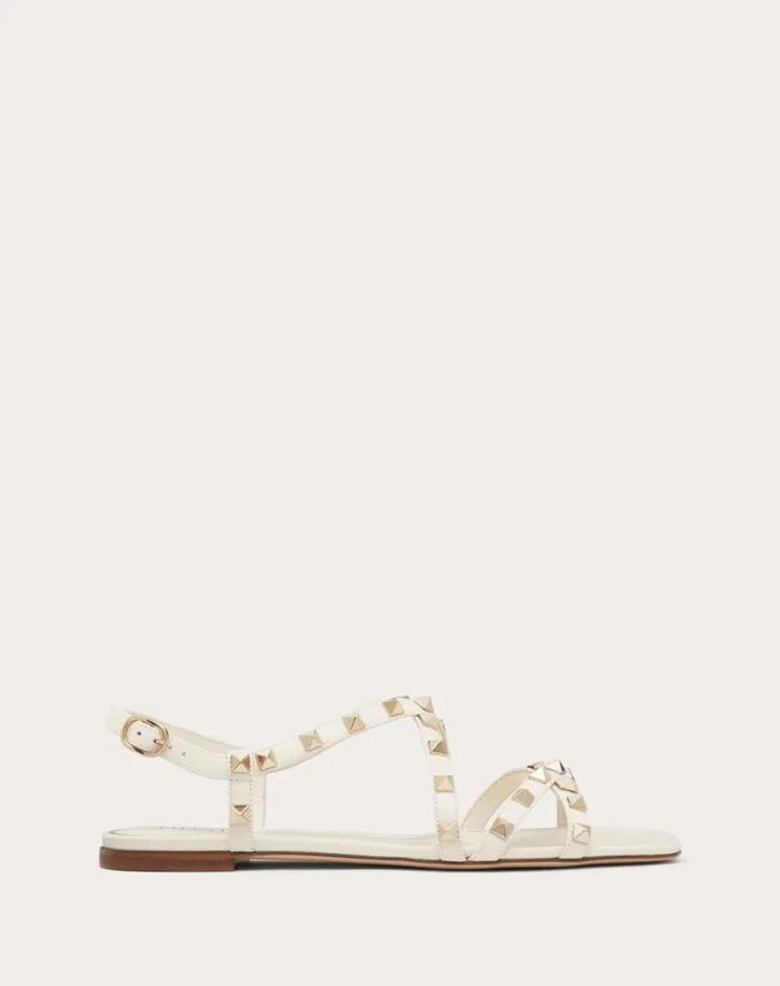 Valentino Sandals Woman Calfskin Rockstud Sandal With Straps For Woman In Rose Cannelle Rose Cannelle