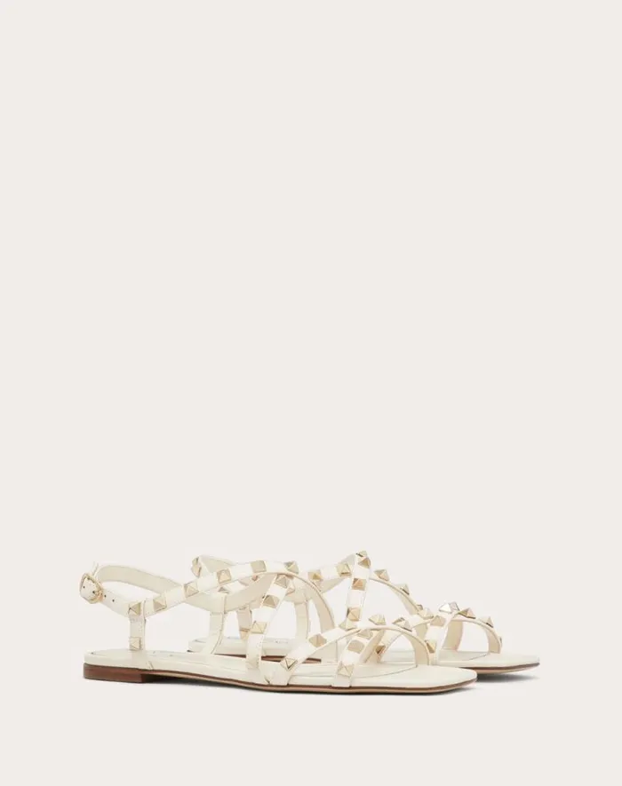 Valentino Sandals Woman Calfskin Rockstud Sandal With Straps For Woman In Rose Cannelle Rose Cannelle