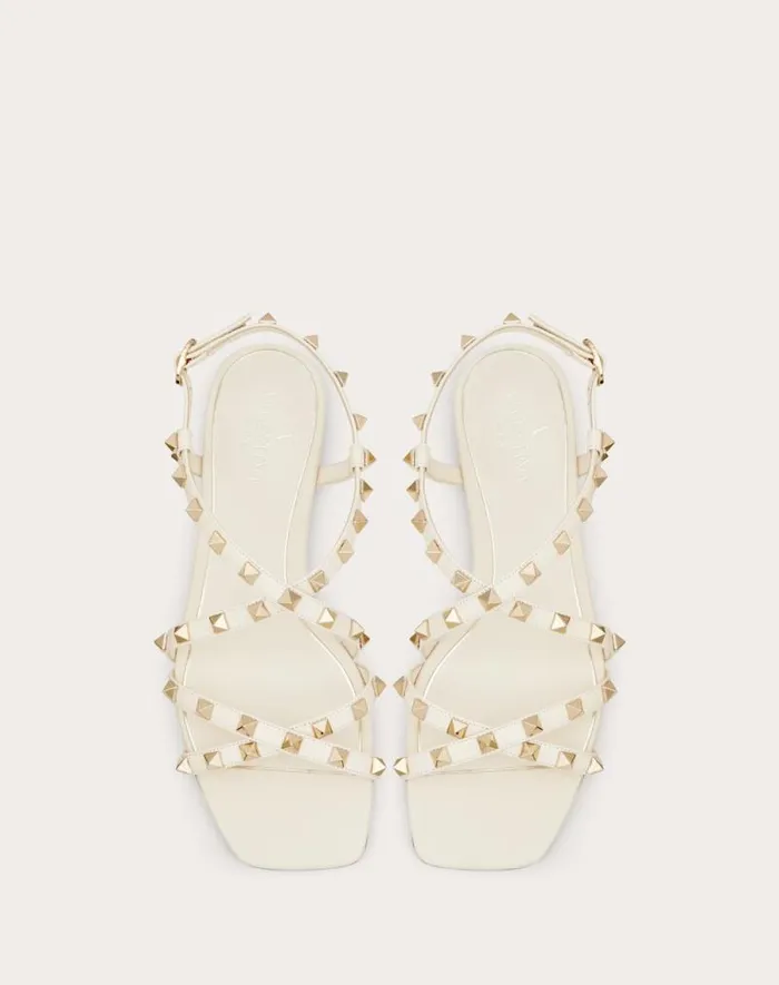 Valentino Sandals Woman Calfskin Rockstud Sandal With Straps For Woman In Rose Cannelle Rose Cannelle