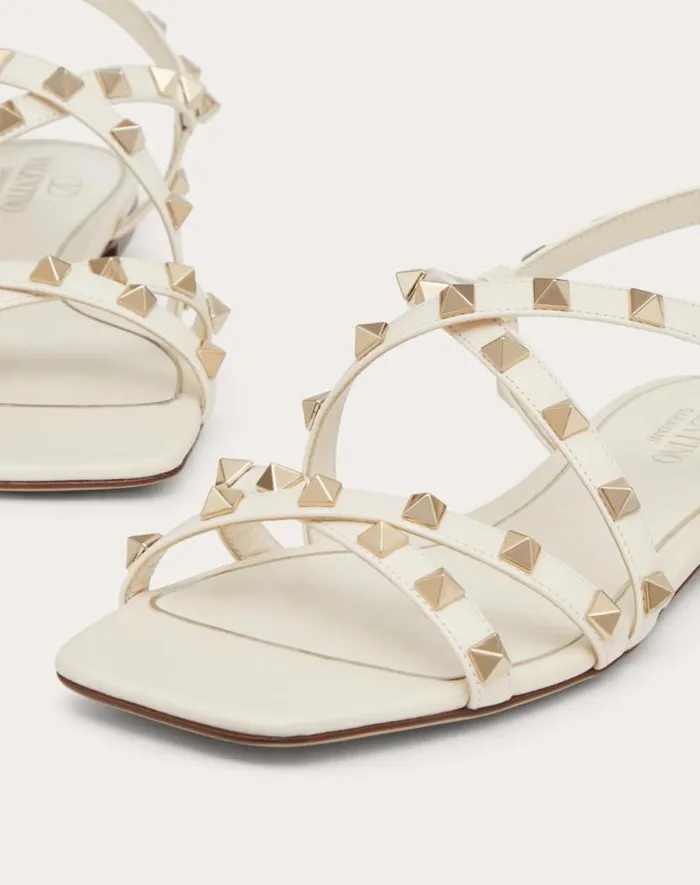 Valentino Sandals Woman Calfskin Rockstud Sandal With Straps For Woman In Rose Cannelle Rose Cannelle