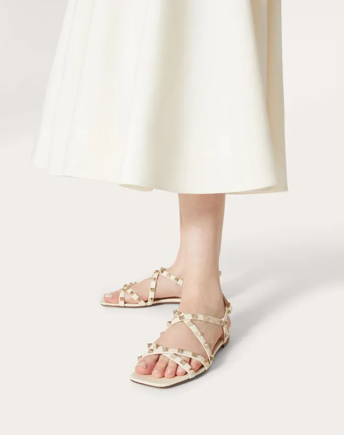 Valentino Sandals Woman Calfskin Rockstud Sandal With Straps For Woman In Rose Cannelle Rose Cannelle