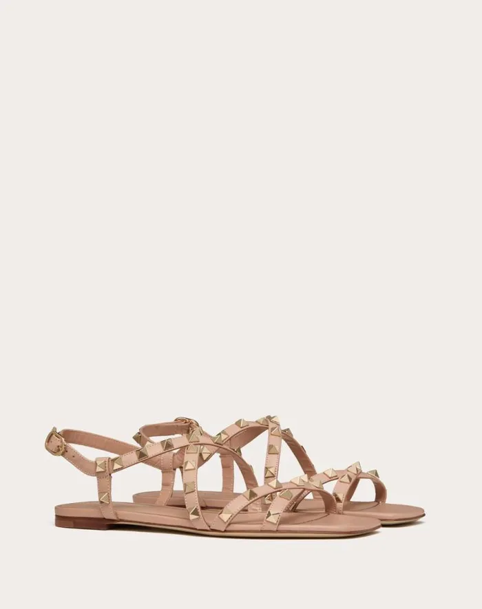 Valentino Sandals Woman Calfskin Rockstud Sandal With Straps For Woman In Rose Cannelle Rose Cannelle