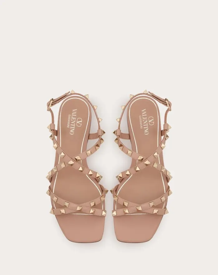 Valentino Sandals Woman Calfskin Rockstud Sandal With Straps For Woman In Rose Cannelle Rose Cannelle