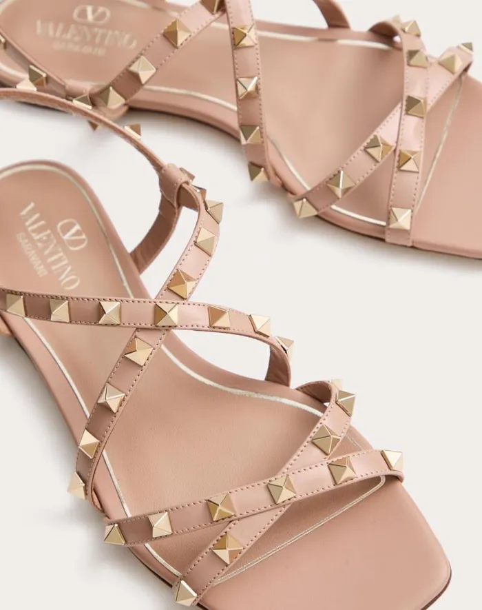 Valentino Sandals Woman Calfskin Rockstud Sandal With Straps For Woman In Rose Cannelle Rose Cannelle
