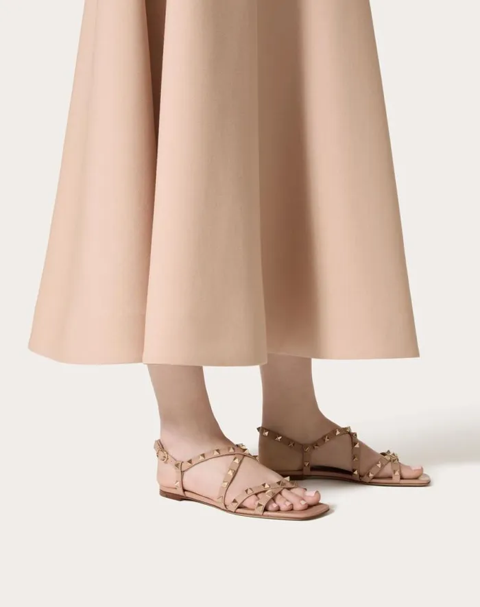 Valentino Sandals Woman Calfskin Rockstud Sandal With Straps For Woman In Rose Cannelle Rose Cannelle