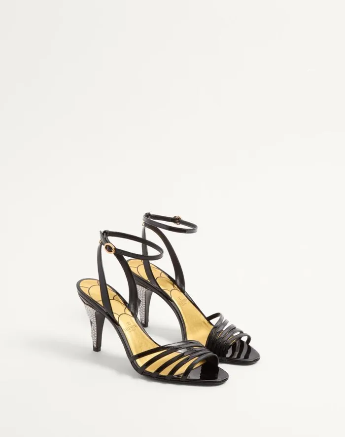 Valentino Sandals Woman Ladycrush Patent Leather Sandal With Crystals 85mm For Woman In Blacksilver Blacksilver Valentino Sandals Woman Ladycrush Patent Leather Sandal With Crystals 85mm For Woman In Blacksilver Blacksilver