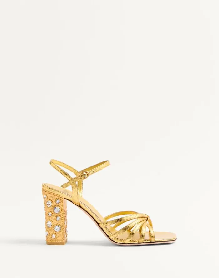 Valentino Sandals Woman Preshoes Sandal In Laminated Ayers With Crystals 90mm For Woman In Goldcrystal Goldcrystal Valentino Sandals Woman Preshoes Sandal In Laminated Ayers With Crystals 90mm For Woman In Goldcrystal Goldcrystal