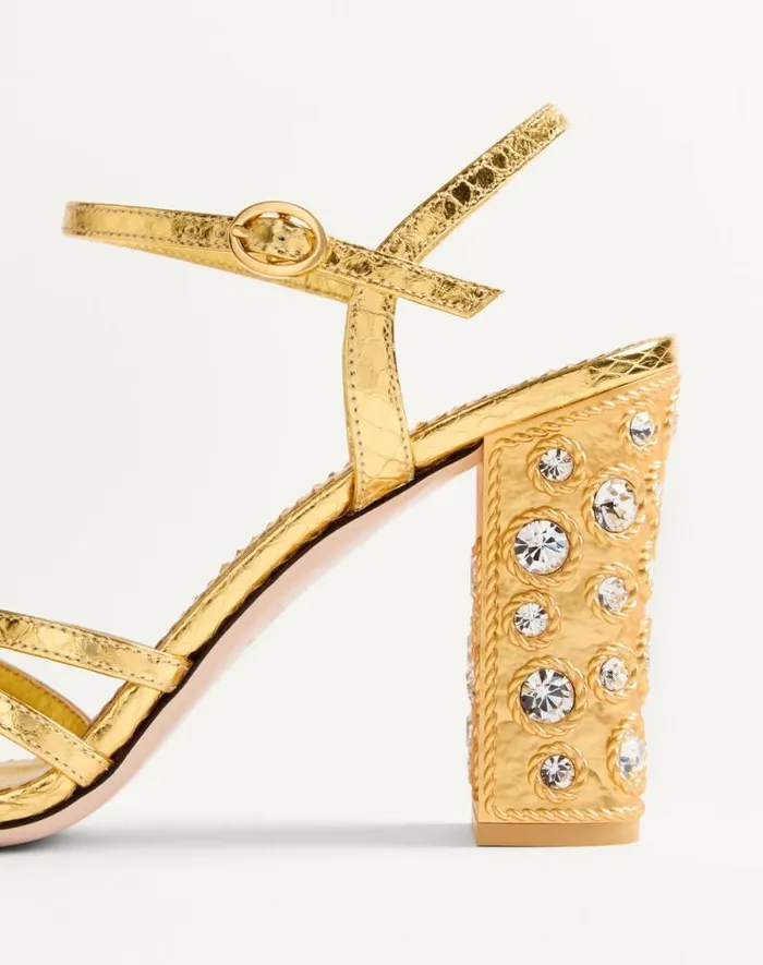 Valentino Sandals Woman Preshoes Sandal In Laminated Ayers With Crystals 90mm For Woman In Goldcrystal Goldcrystal Valentino Sandals Woman Preshoes Sandal In Laminated Ayers With Crystals 90mm For Woman In Goldcrystal Goldcrystal