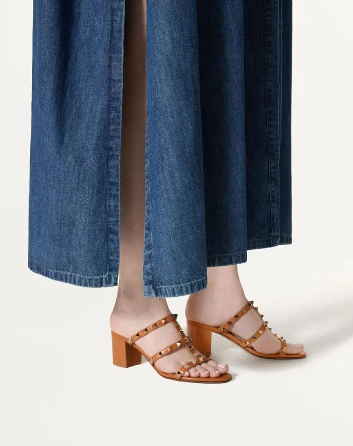 Valentino Sandals Woman Rockstud Calfskin Leather Slide Sandal 60 Mm For Woman In Azure Azure