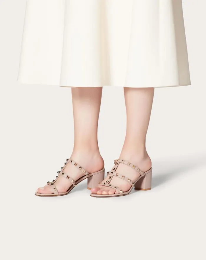 Valentino Sandals Woman Rockstud Calfskin Leather Slide Sandal 60 Mm For Woman In Light Ivory Light Ivory