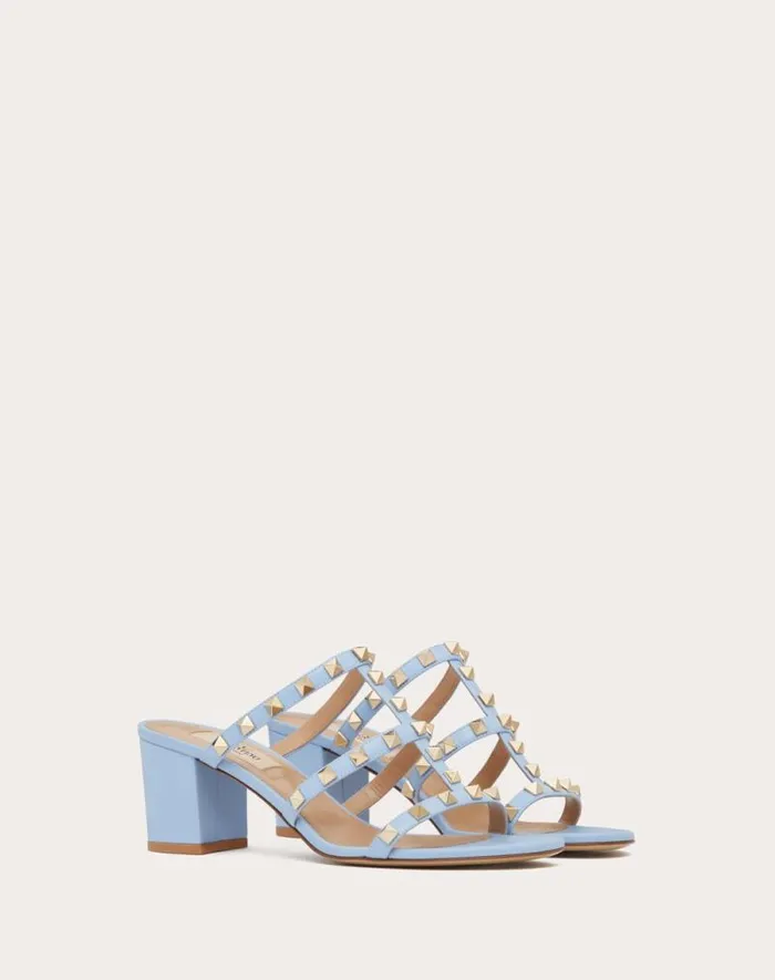 Valentino Sandals Woman Rockstud Calfskin Leather Slide Sandal 60 Mm For Woman In Poudre Poudre