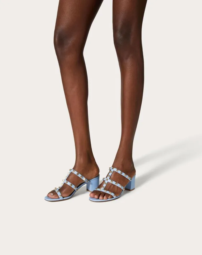 Valentino Sandals Woman Rockstud Calfskin Leather Slide Sandal 60 Mm For Woman In Poudre Poudre