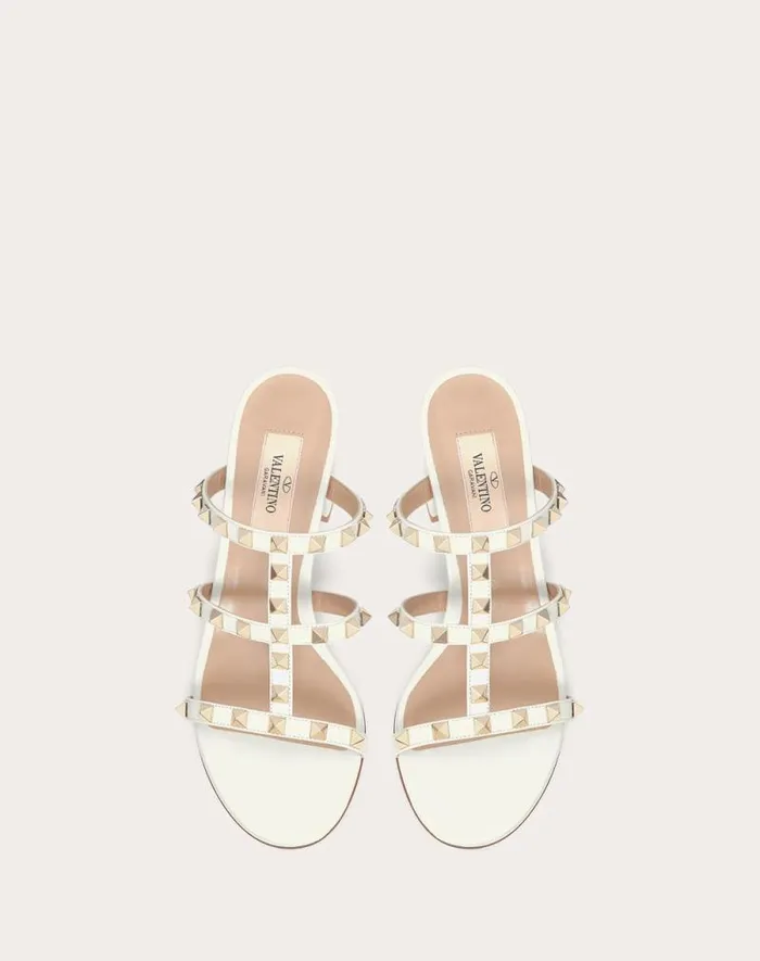 Valentino Sandals Woman Rockstud Calfskin Leather Slide Sandal 60 Mm For Woman In Poudre Poudre