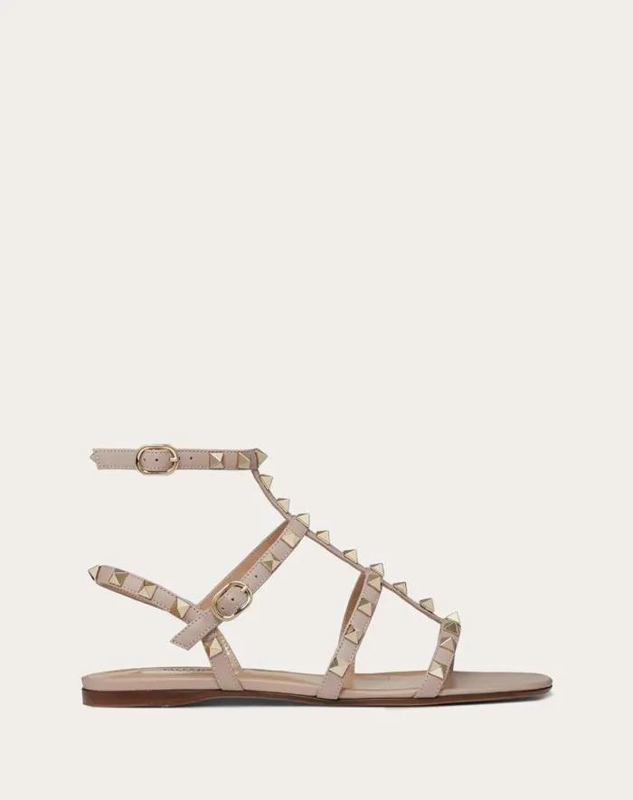Valentino Sandals Woman Rockstud Flat Calfskin Sandal With Straps For Woman In Black Black Valentino Sandals Woman Rockstud Flat Calfskin Sandal With Straps For Woman In Black Black