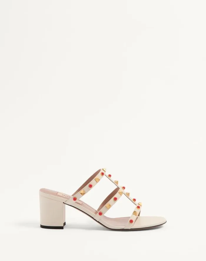 Valentino Sandals Woman Rockstud Slide Sandal In Calfskin With Cabochon Stones 60mm For Woman In Ivorycoral Ivorycoral Valentino Sandals Woman Rockstud Slide Sandal In Calfskin With Cabochon Stones 60mm For Woman In Ivorycoral Ivorycoral