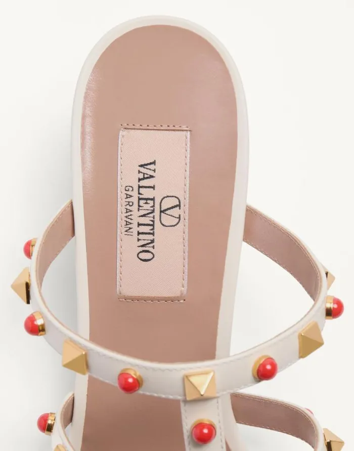 Valentino Sandals Woman Rockstud Slide Sandal In Calfskin With Cabochon Stones 60mm For Woman In Ivorycoral Ivorycoral Valentino Sandals Woman Rockstud Slide Sandal In Calfskin With Cabochon Stones 60mm For Woman In Ivorycoral Ivorycoral
