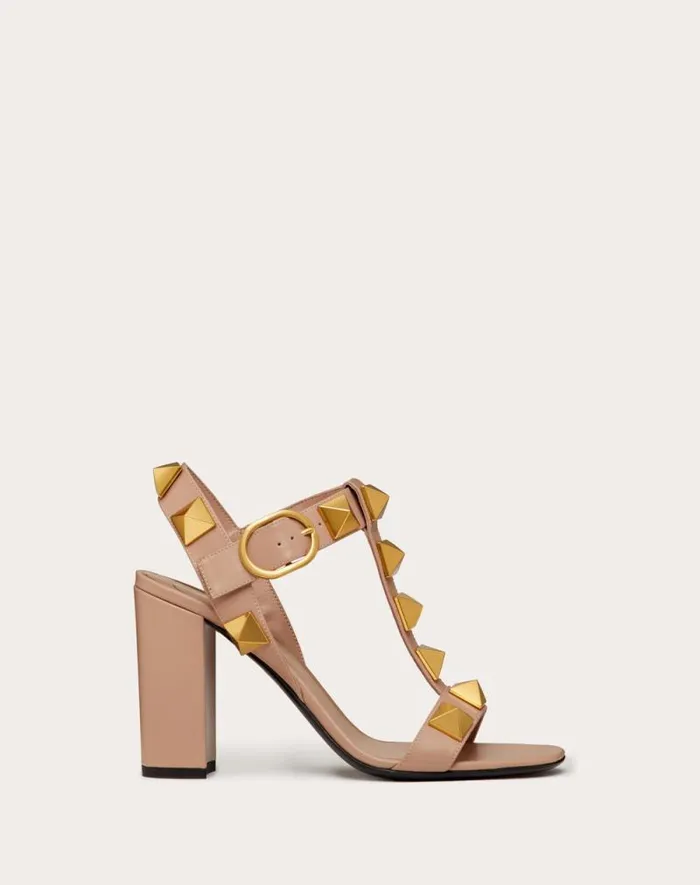 Valentino Sandals Woman Roman Stud Calfskin Sandal 90 Mm For Woman In Rose Cannelle Rose Cannelle