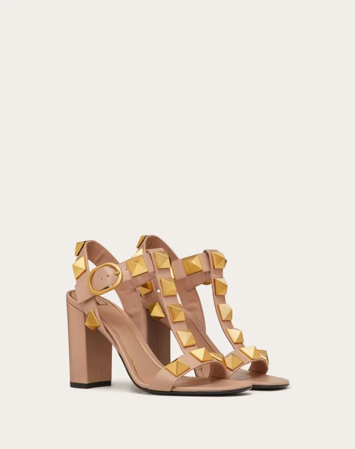 Valentino Sandals Woman Roman Stud Calfskin Sandal 90 Mm For Woman In Rose Cannelle Rose Cannelle