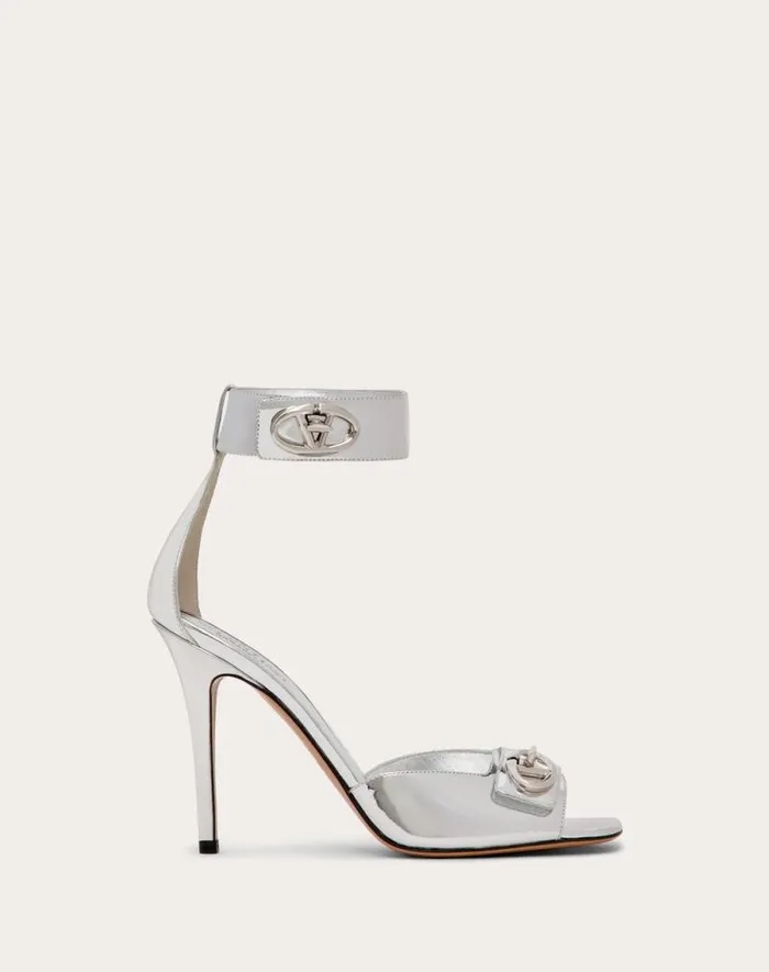 Valentino Sandals Woman Vlogo Locker Sandal In Mirrored Calfskin 105mm For Woman In Silver Silver Valentino Sandals Woman Vlogo Locker Sandal In Mirrored Calfskin 105mm For Woman In Silver Silver