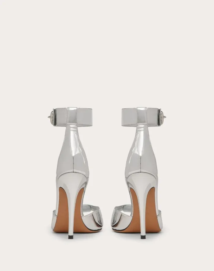 Valentino Sandals Woman Vlogo Locker Sandal In Mirrored Calfskin 105mm For Woman In Silver Silver Valentino Sandals Woman Vlogo Locker Sandal In Mirrored Calfskin 105mm For Woman In Silver Silver