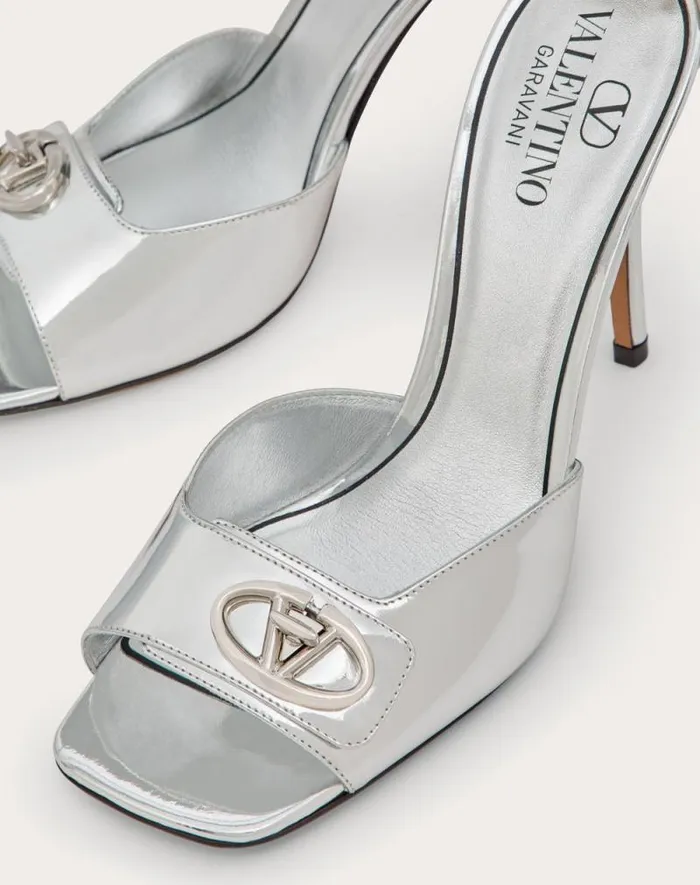 Valentino Sandals Woman Vlogo Locker Sandal In Mirrored Calfskin 105mm For Woman In Silver Silver Valentino Sandals Woman Vlogo Locker Sandal In Mirrored Calfskin 105mm For Woman In Silver Silver