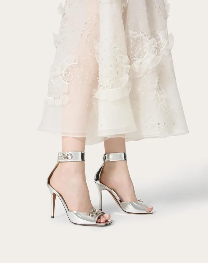 Valentino Sandals Woman Vlogo Locker Sandal In Mirrored Calfskin 105mm For Woman In Silver Silver Valentino Sandals Woman Vlogo Locker Sandal In Mirrored Calfskin 105mm For Woman In Silver Silver