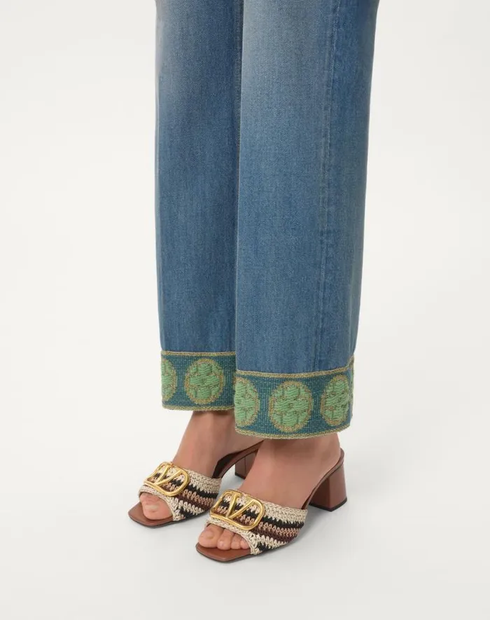 Valentino Sandals Woman Vlogo Signature Slide Sandal With Crochet Embroidery 60mm For Woman In Multicolour Multicolour