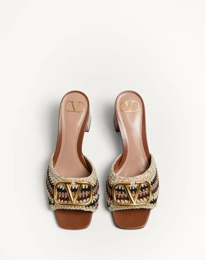 Valentino Sandals Woman Vlogo Signature Slide Sandal With Crochet Embroidery 60mm For Woman In Multicolour Multicolour