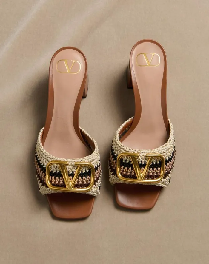 Valentino Sandals Woman Vlogo Signature Slide Sandal With Crochet Embroidery 60mm For Woman In Multicolour Multicolour
