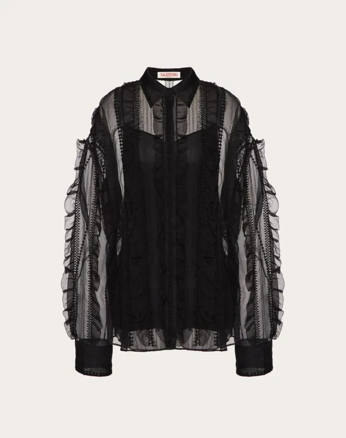 Valentino Shirts And Tops Woman Embroidered Organza Shirt For Woman In Black Black Valentino Shirts And Tops Woman Embroidered Organza Shirt For Woman In Black Black