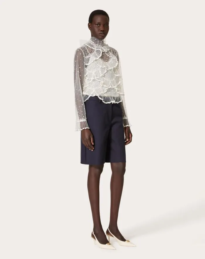 Valentino Shirts And Tops Woman Tulle Illusione Embroidered Top For Woman In Ivory Ivory Valentino Shirts And Tops Woman Tulle Illusione Embroidered Top For Woman In Ivory Ivory