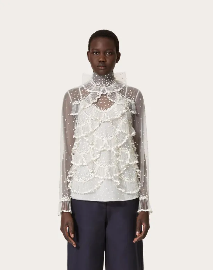 Valentino Shirts And Tops Woman Tulle Illusione Embroidered Top For Woman In Ivory Ivory Valentino Shirts And Tops Woman Tulle Illusione Embroidered Top For Woman In Ivory Ivory