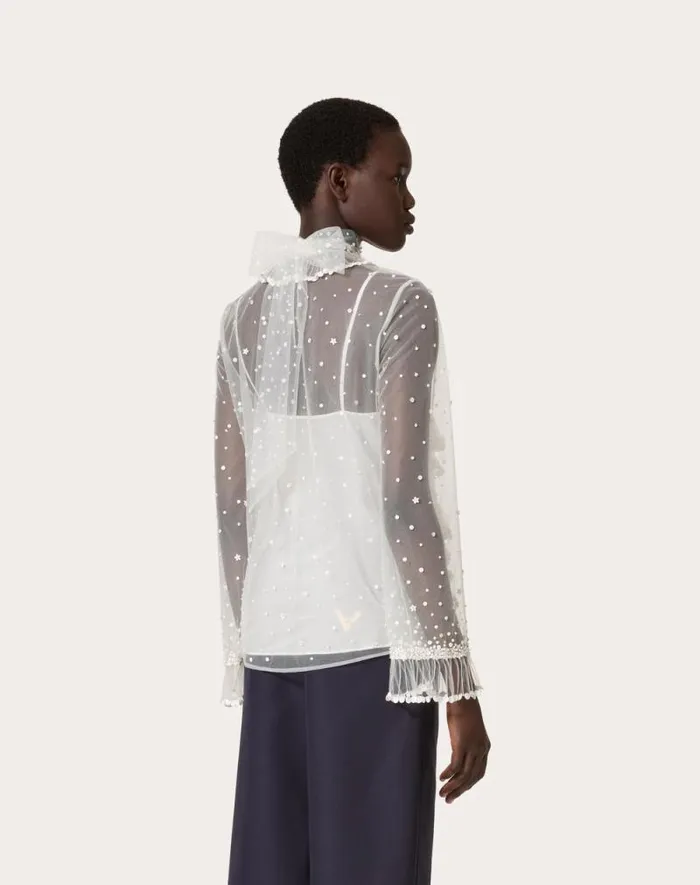 Valentino Shirts And Tops Woman Tulle Illusione Embroidered Top For Woman In Ivory Ivory Valentino Shirts And Tops Woman Tulle Illusione Embroidered Top For Woman In Ivory Ivory