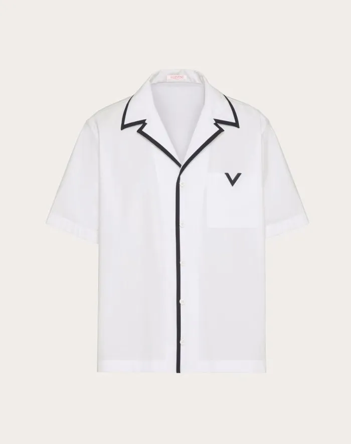 Valentino Shirts Man Cotton Poplin Bowling Shirt With Rubberized V Detail For Man In Navy Navy