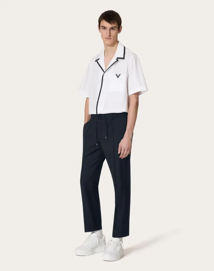 Valentino Shirts Man Cotton Poplin Bowling Shirt With Rubberized V Detail For Man In Navy Navy Valentino Shirts Man Cotton Poplin Bowling Shirt With Rubberized V Detail For Man In Navy Navy